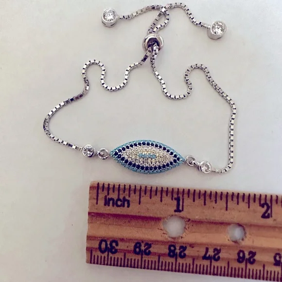 🧿925 Silver evileye bracelet bolo cubic zirconia stones oval shape - Picture 2 of 3